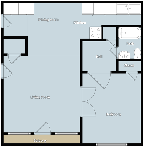 A floor plan of a house with labeled rooms such as a dining room, kitchen, and living room.